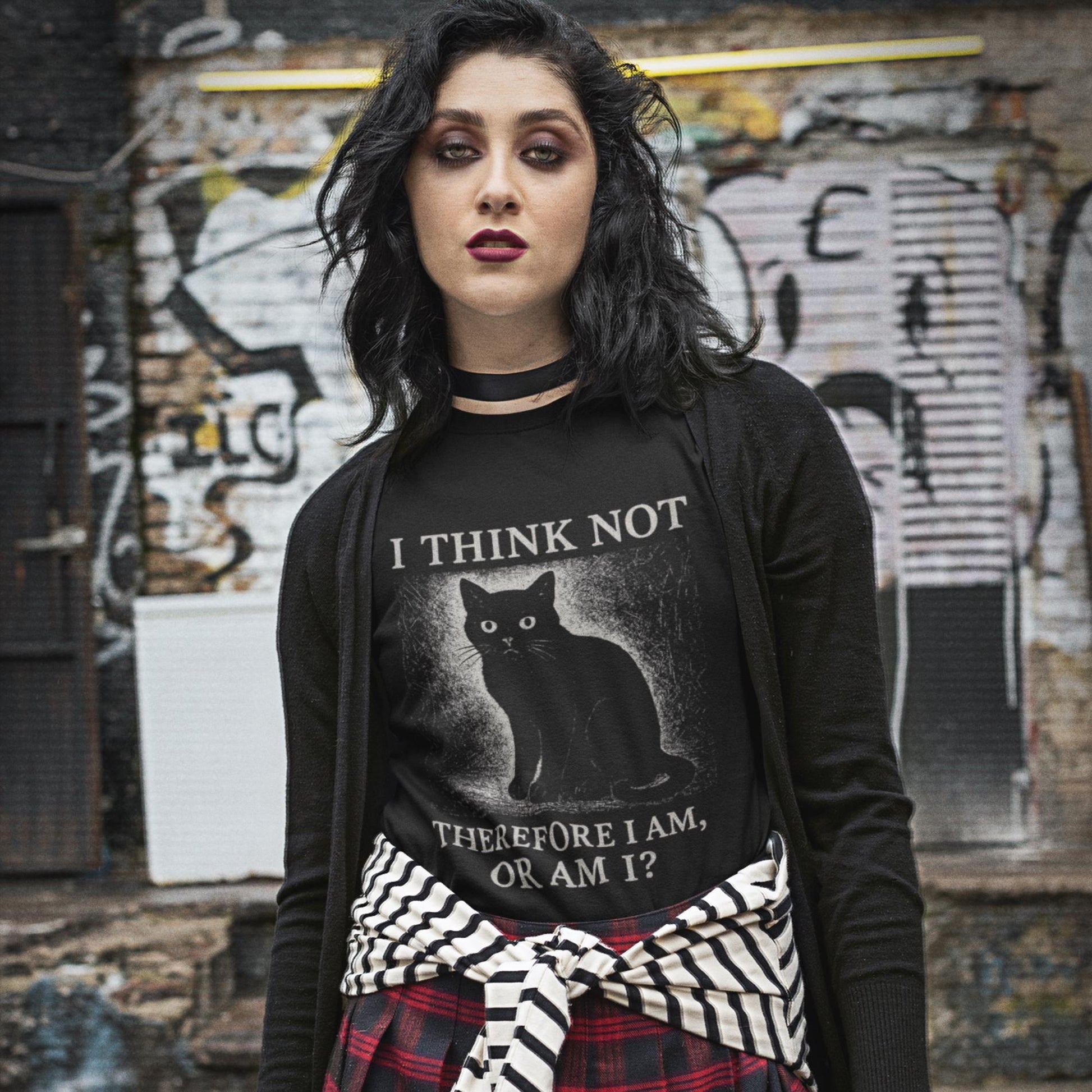 Funny Black Cat T-Shirt – I Think Not Philosophical Meme Tee, Absurdist Vintage Style - Wyrd Dezigns