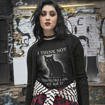 Funny Black Cat T-Shirt – I Think Not Philosophical Meme Tee, Absurdist Vintage Style - Wyrd Dezigns