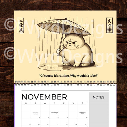 Ukiyo-e Grumpy Cat 2026 Calendar A4 | Funny Japanese Art Cat Lover Gift - Wyrd Dezigns