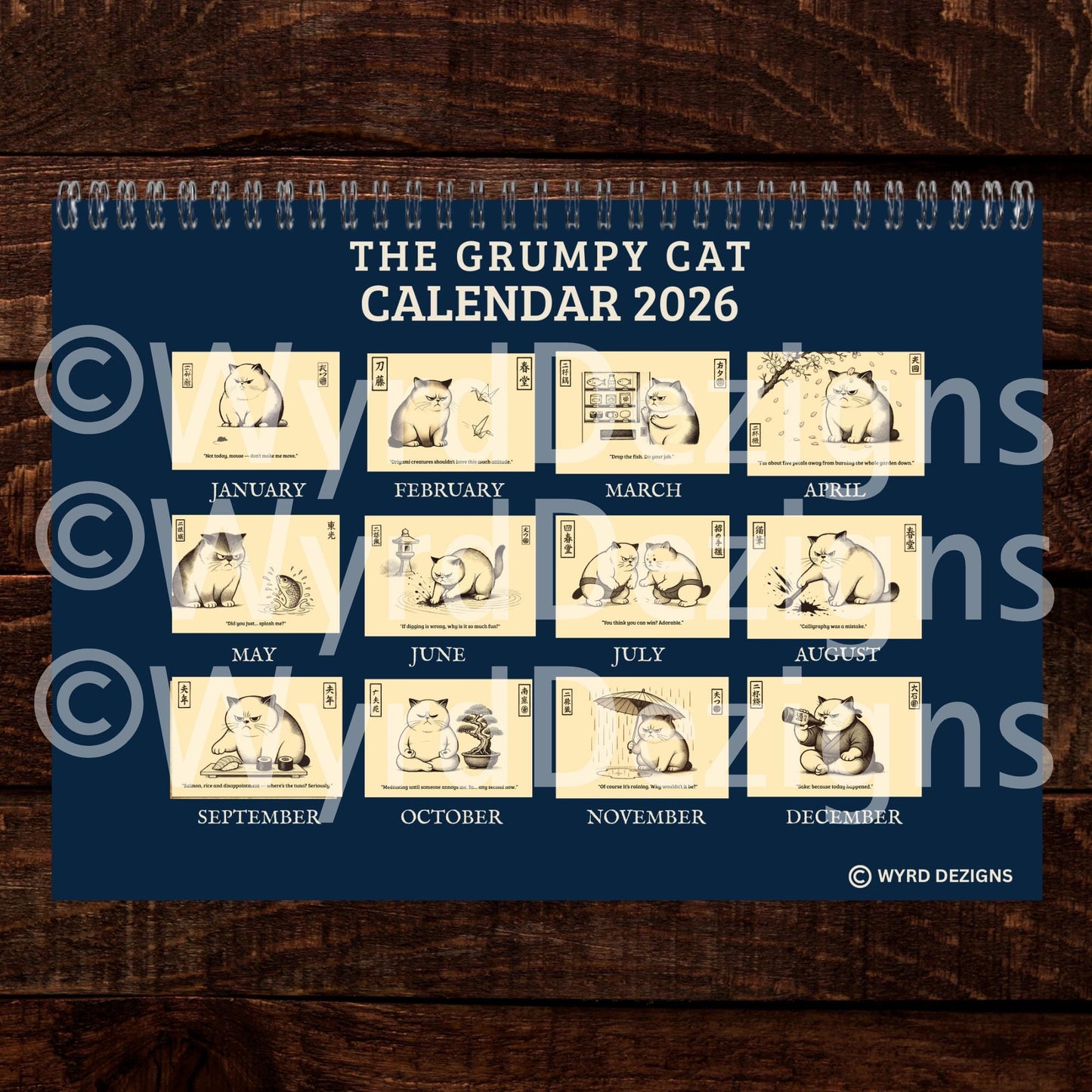 Ukiyo-e Grumpy Cat 2026 Calendar A4 | Funny Japanese Art Cat Lover Gift - Wyrd Dezigns