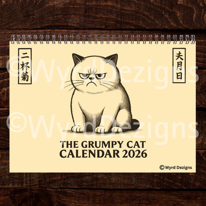 Ukiyo-e Grumpy Cat 2026 Calendar A4 | Funny Japanese Art Cat Lover Gift - Wyrd Dezigns