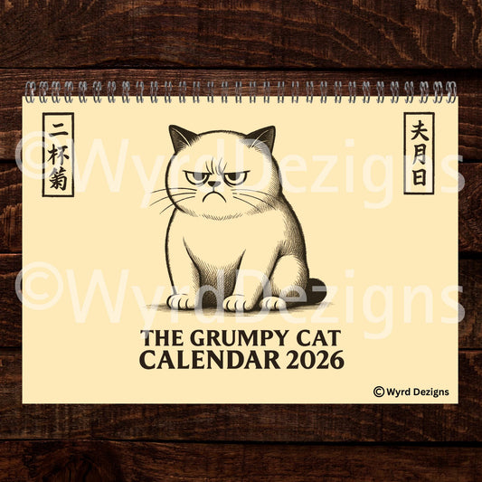 Ukiyo-e Grumpy Cat 2026 Calendar A4 | Funny Japanese Art Cat Lover Gift - Wyrd Dezigns