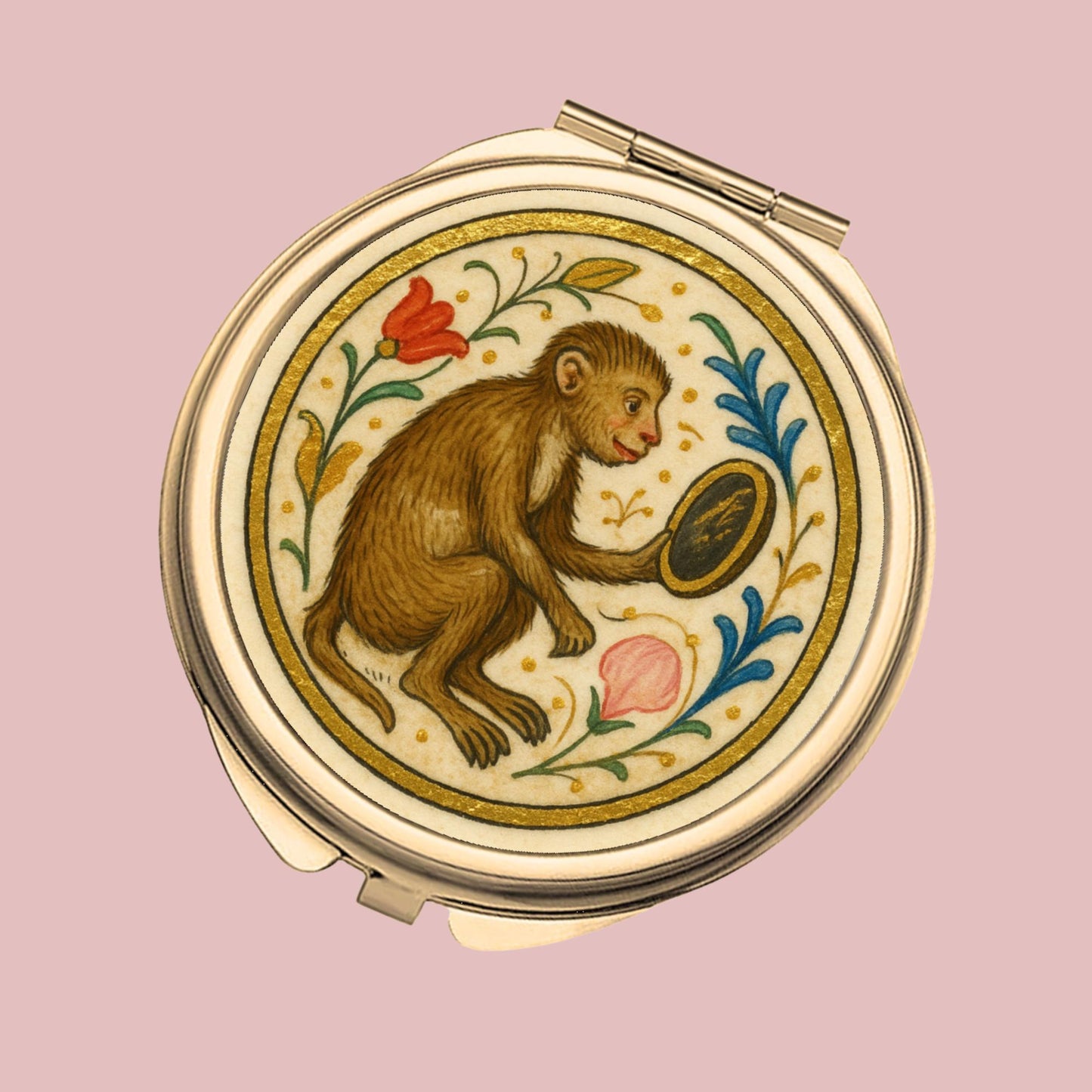 Round Compact Mirror - Classic Gold monkey mirror compact - Wyrd Dezigns