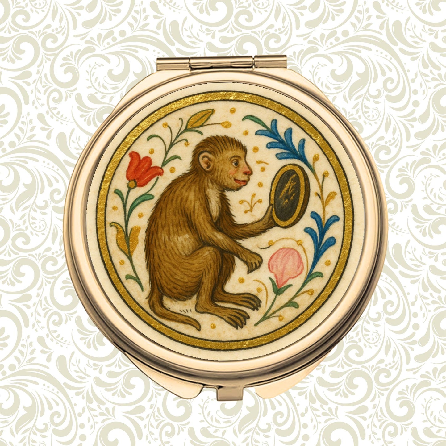Round Compact Mirror - Classic Gold monkey mirror compact - Wyrd Dezigns