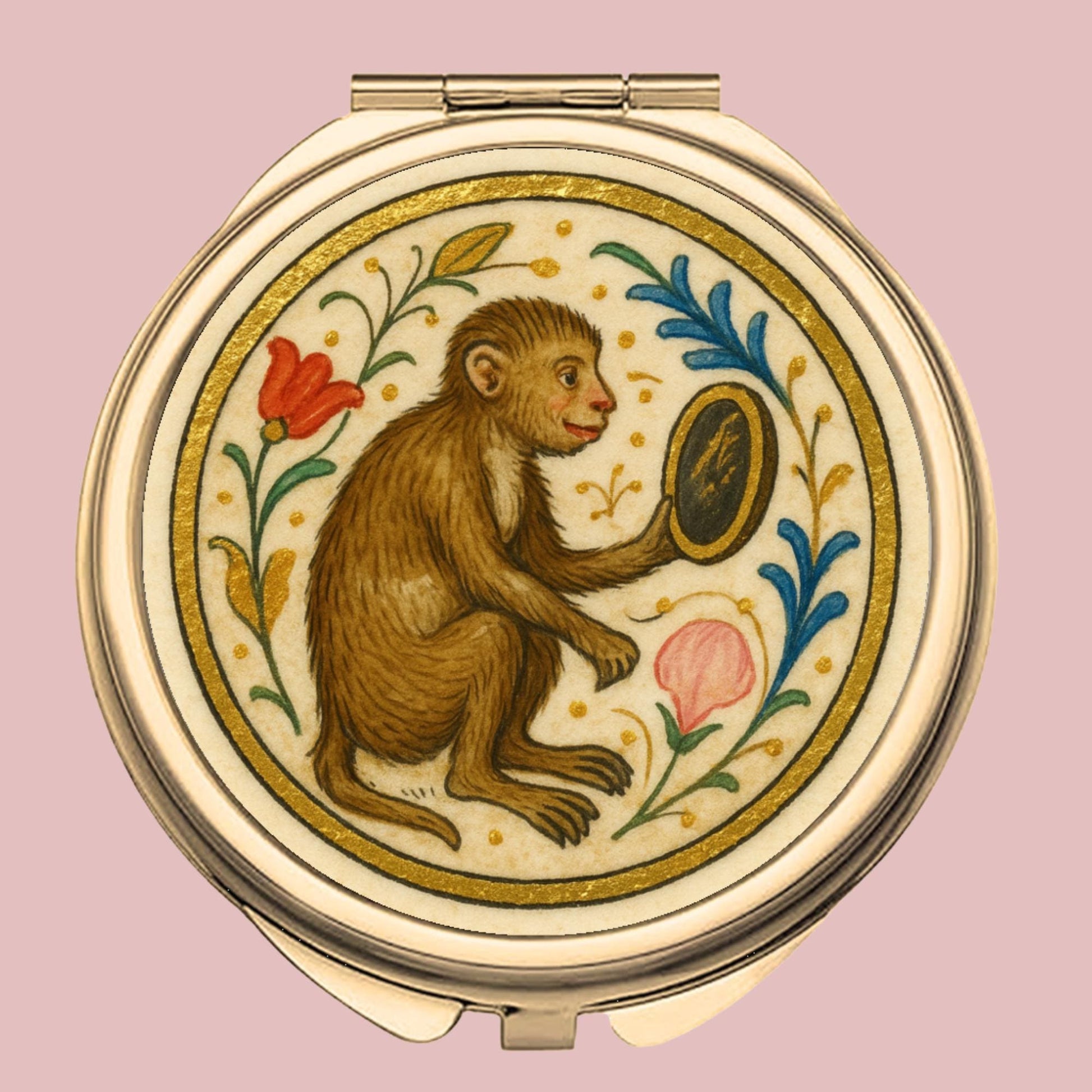 Round Compact Mirror - Classic Gold monkey mirror compact - Wyrd Dezigns