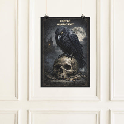 Gothic Raven Wall Art, Crow Skull Art Print, Dark Academia Decor, Corvus Omnia Videt Poster, Occult - Wyrd Dezigns