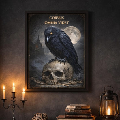 Gothic Raven Wall Art, Crow Skull Art Print, Dark Academia Decor, Corvus Omnia Videt Poster, Occult - Wyrd Dezigns