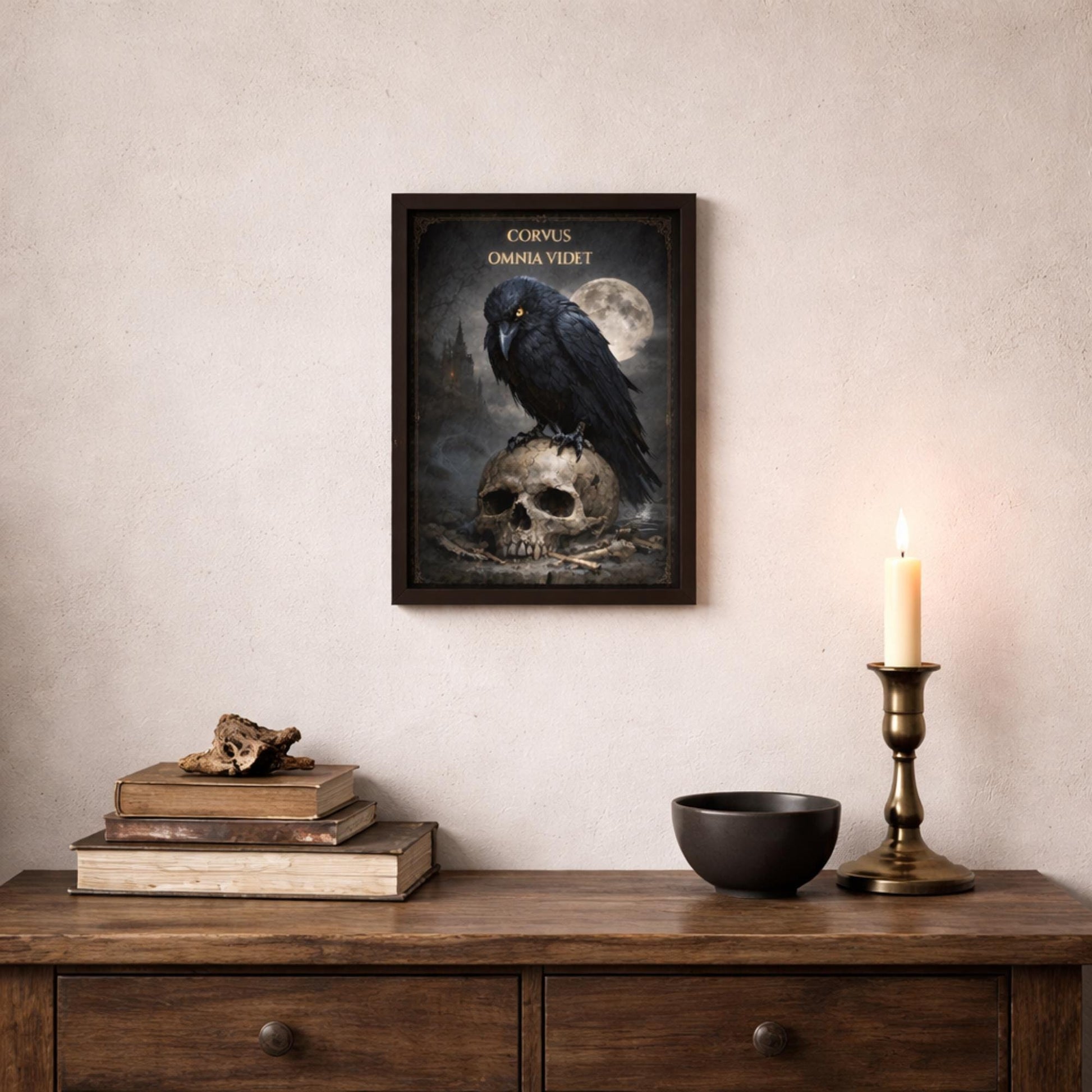 Gothic Raven Wall Art, Crow Skull Art Print, Dark Academia Decor, Corvus Omnia Videt Poster, Occult - Wyrd Dezigns