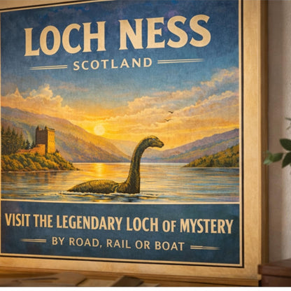 Loch Ness Poster, Scotland Travel Wall Art, Vintage Nessie Print, Scottish Highlands Landscape - Wyrd Dezigns