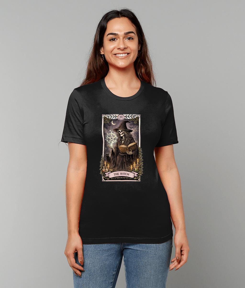 Witch Tarot Card T Shirt Gothic Skeleton Witch Tee for Occult Lovers Halloween Outfit - Wyrd Dezigns