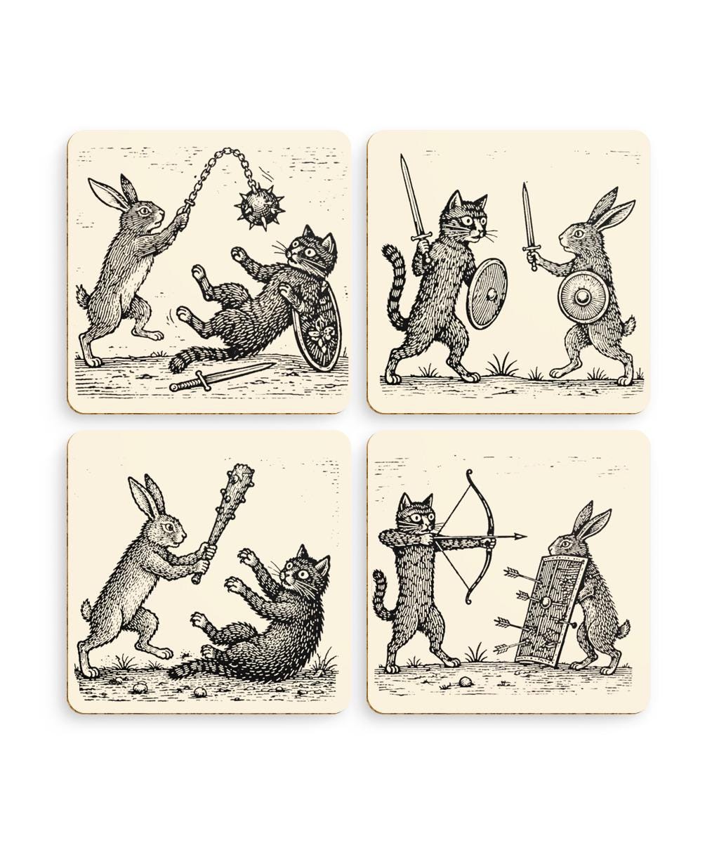 Medieval Cat vs Rabbit Coaster Set, Marginalia Animal Battle Coasters, Funny Historic Style Gift - Wyrd Dezigns