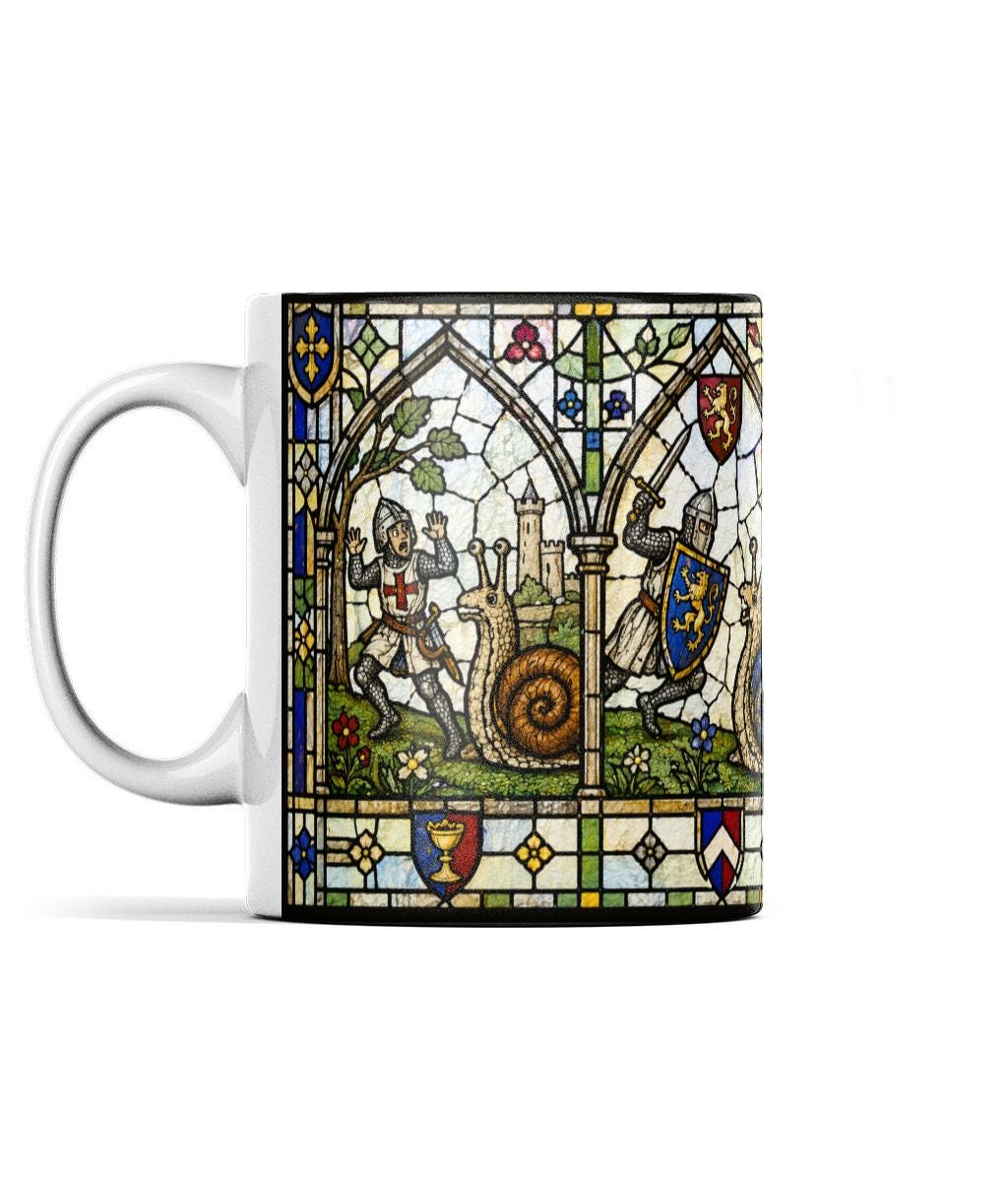 Medieval Stained Glass Snail Knight Mug, Marginalia Style Knight vs Snail Coffee Cup - Wyrd Dezigns