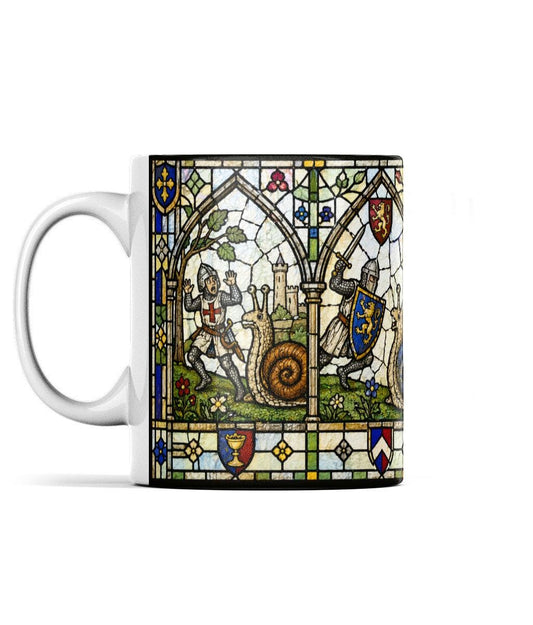 Medieval Stained Glass Snail Knight Mug, Marginalia Style Knight vs Snail Coffee Cup - Wyrd Dezigns