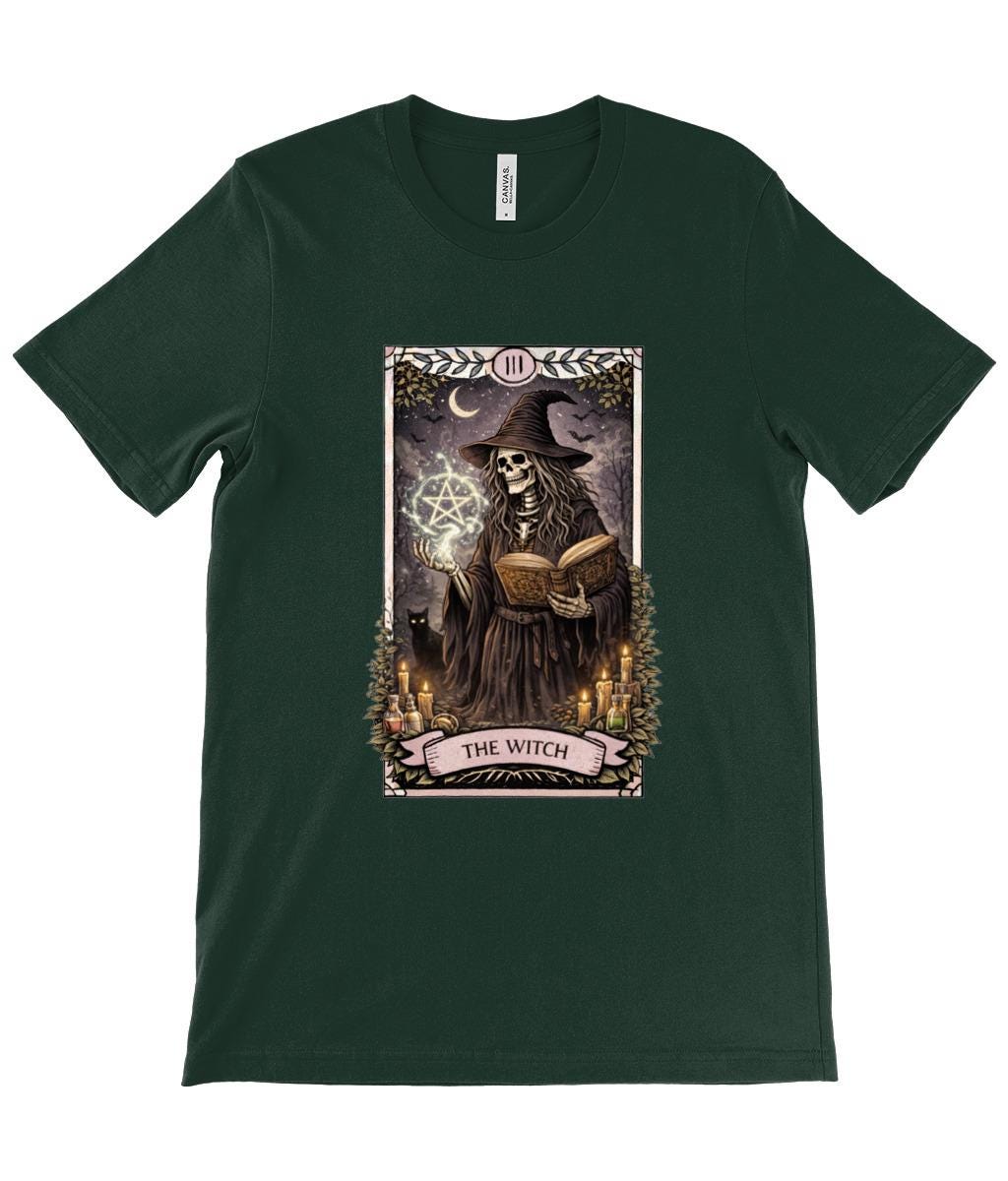 Witch Tarot Card T Shirt Gothic Skeleton Witch Tee for Occult Lovers Halloween Outfit - Wyrd Dezigns