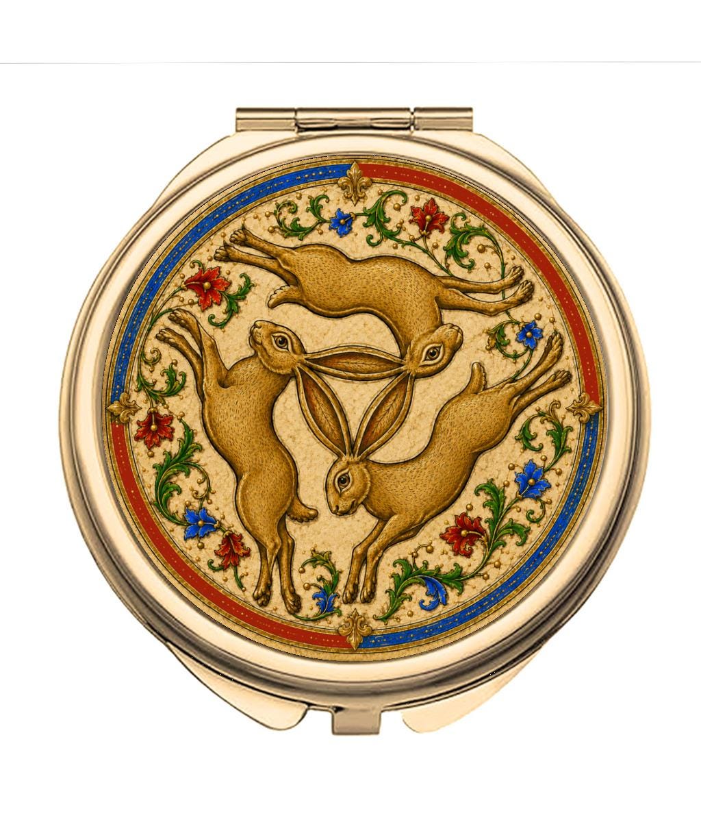 Three Hares Compact Mirror, Medieval Folklore Pocket Mirror, Handbag Accessory, Hare Lover Gift - Wyrd Dezigns