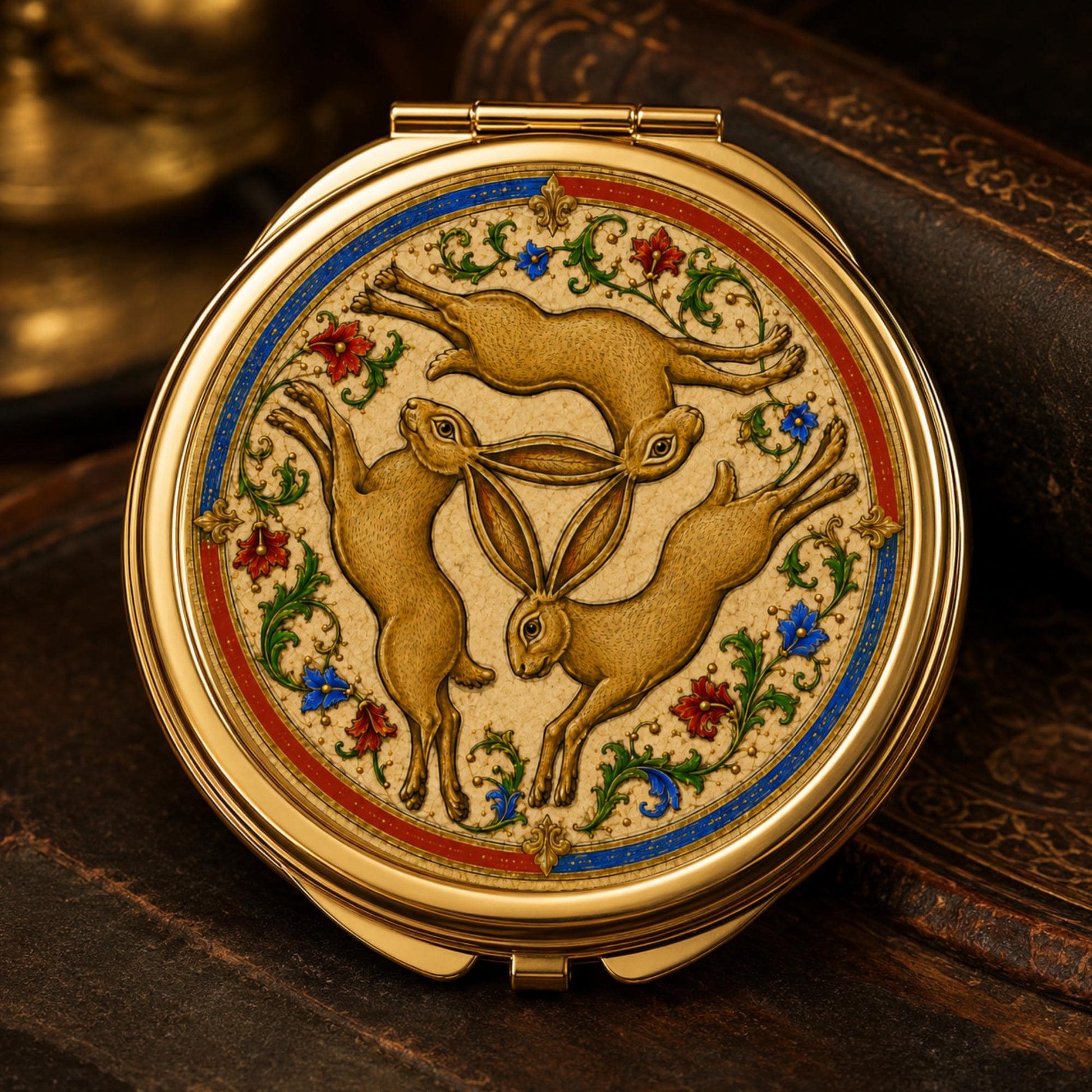 Three Hares Compact Mirror, Medieval Folklore Pocket Mirror, Handbag Accessory, Hare Lover Gift - Wyrd Dezigns