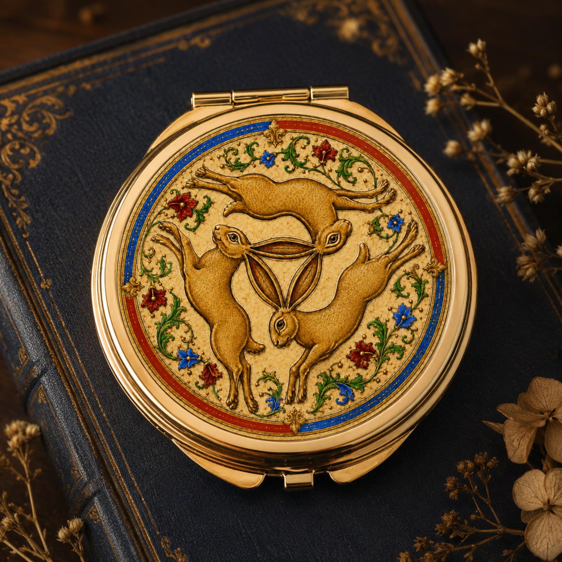 Three Hares Compact Mirror, Medieval Folklore Pocket Mirror, Handbag Accessory, Hare Lover Gift - Wyrd Dezigns