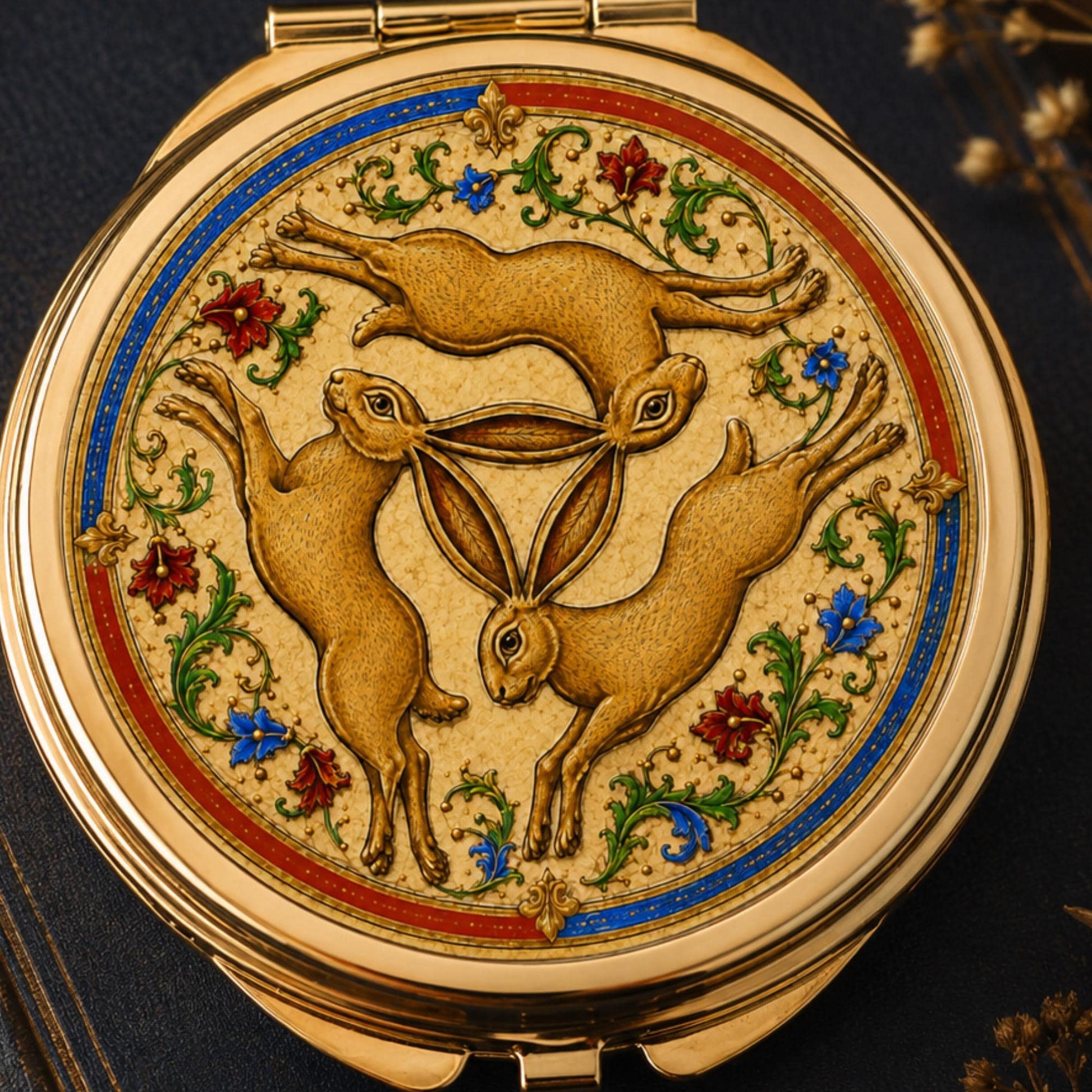 Three Hares Compact Mirror, Medieval Folklore Pocket Mirror, Handbag Accessory, Hare Lover Gift - Wyrd Dezigns