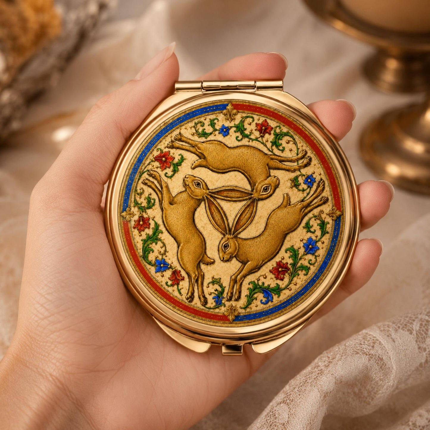 Three Hares Compact Mirror, Medieval Folklore Pocket Mirror, Handbag Accessory, Hare Lover Gift - Wyrd Dezigns