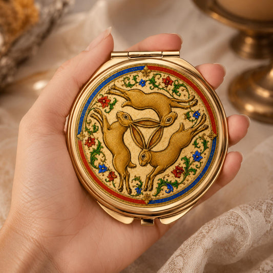 Three Hares Compact Mirror, Medieval Folklore Pocket Mirror, Handbag Accessory, Hare Lover Gift - Wyrd Dezigns