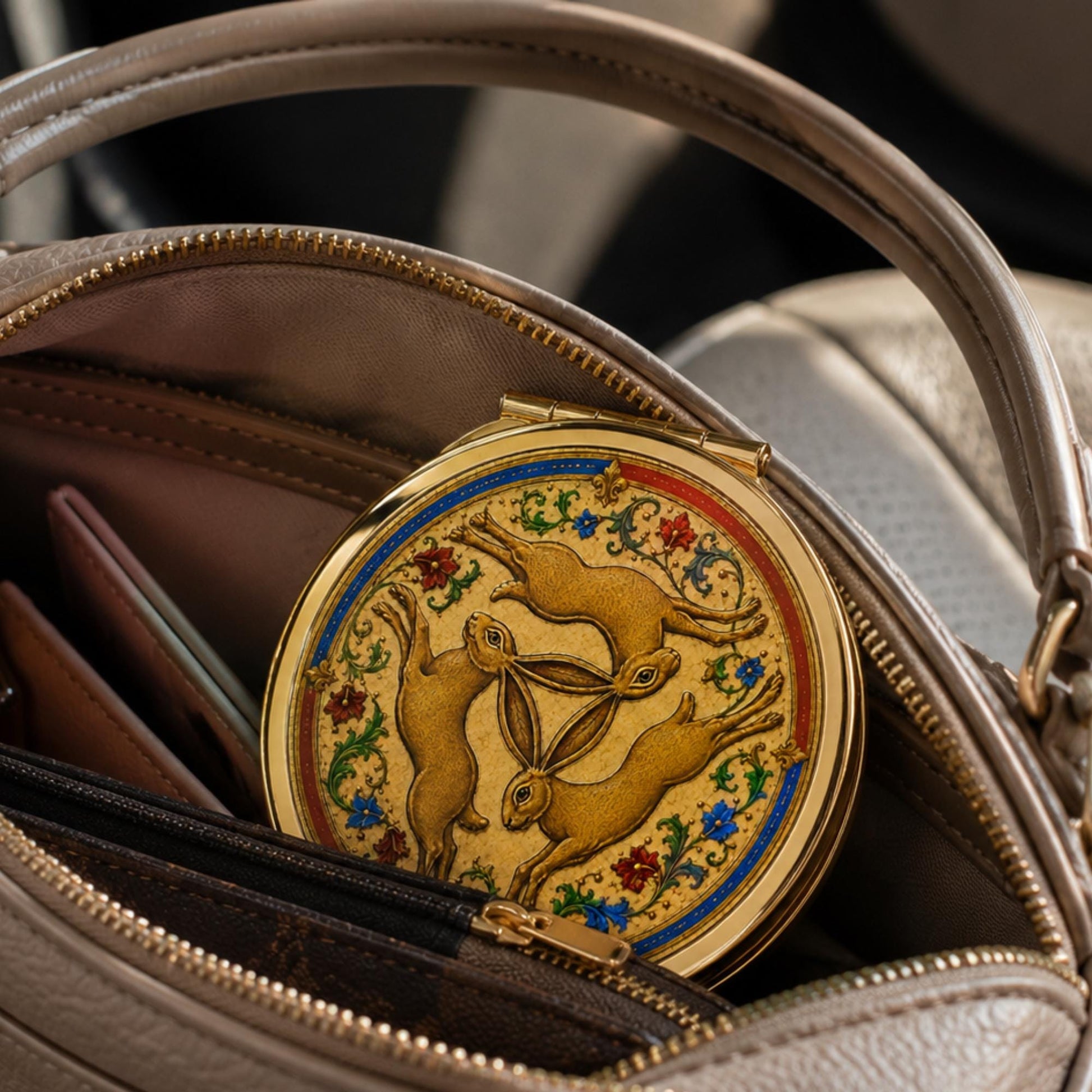 Three Hares Compact Mirror, Medieval Folklore Pocket Mirror, Handbag Accessory, Hare Lover Gift - Wyrd Dezigns