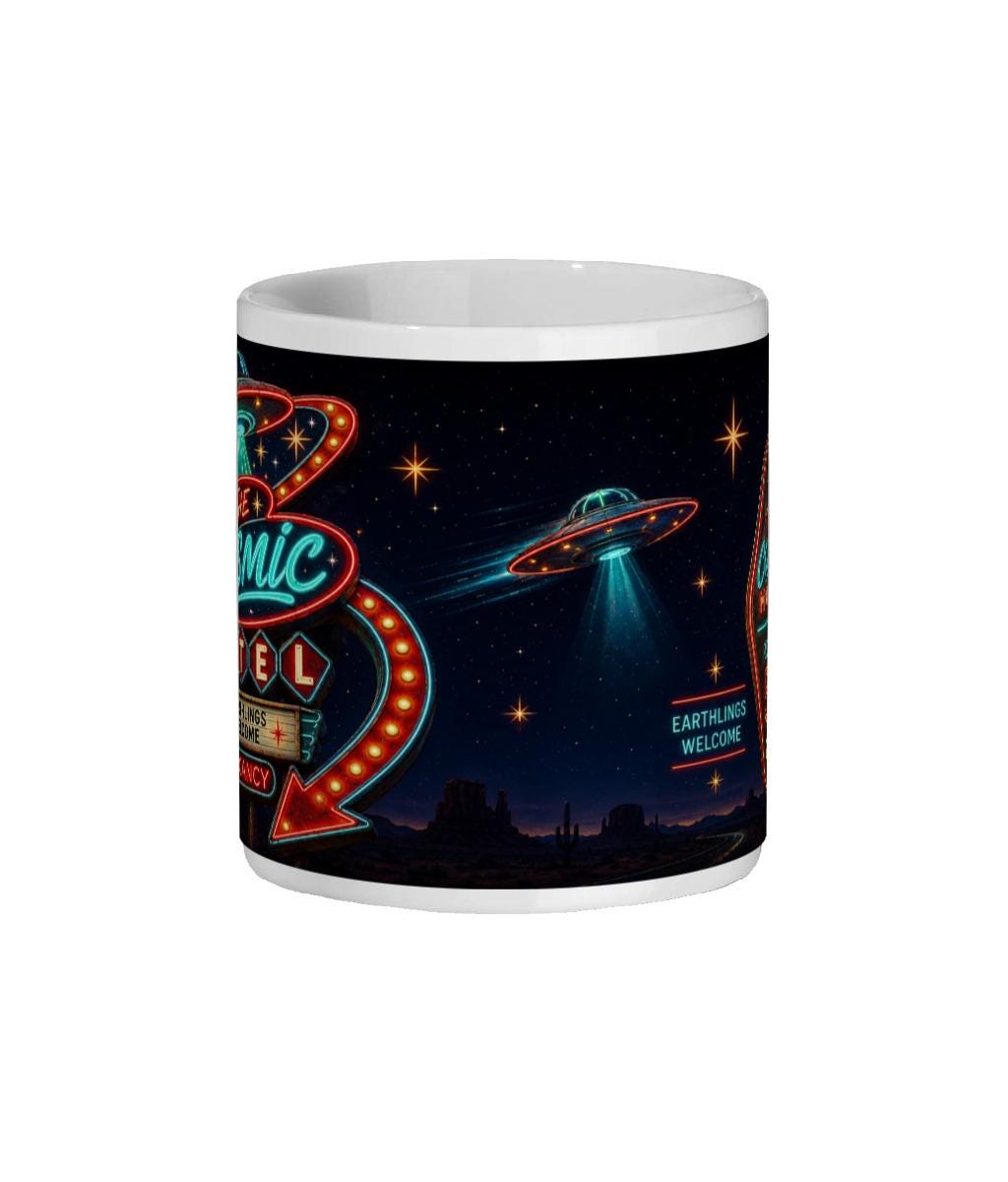 Cosmic Motel UFO Mug, Alien Room 51 Gift, Retro Sci Fi Coffee Mug - Wyrd Dezigns