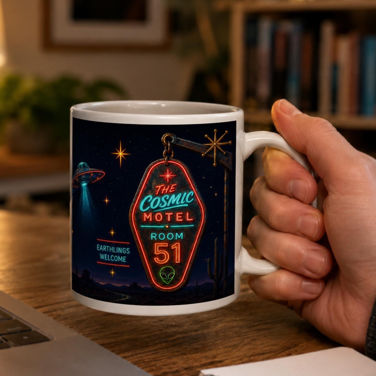 Cosmic Motel UFO Mug, Alien Room 51 Gift, Retro Sci Fi Coffee Mug - Wyrd Dezigns