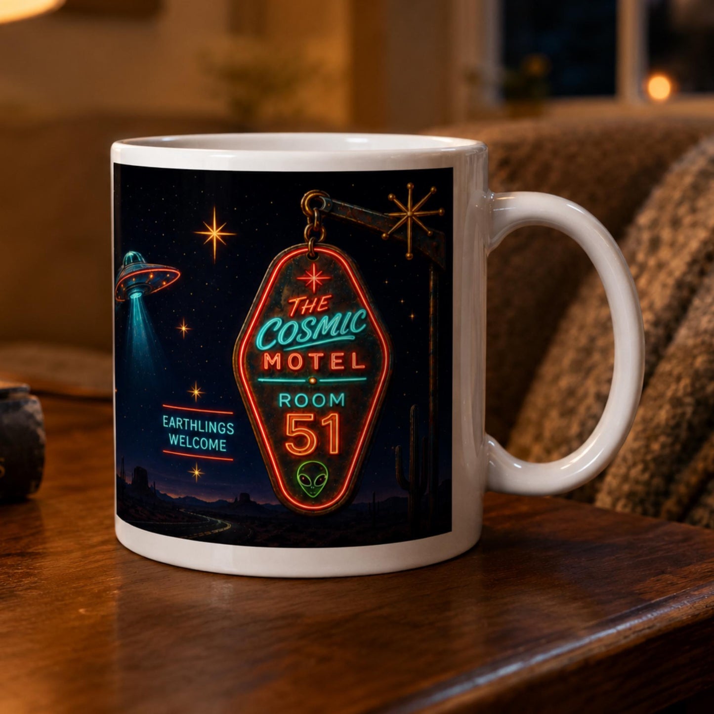 Cosmic Motel UFO Mug, Alien Room 51 Gift, Retro Sci Fi Coffee Mug - Wyrd Dezigns