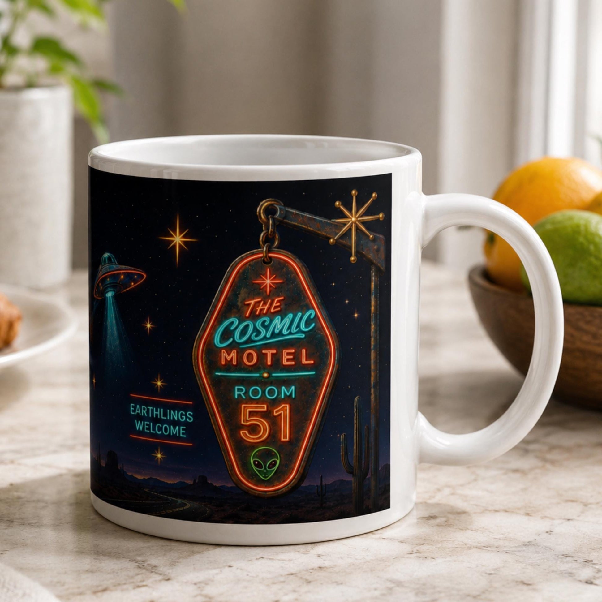 Cosmic Motel UFO Mug, Alien Room 51 Gift, Retro Sci Fi Coffee Mug - Wyrd Dezigns
