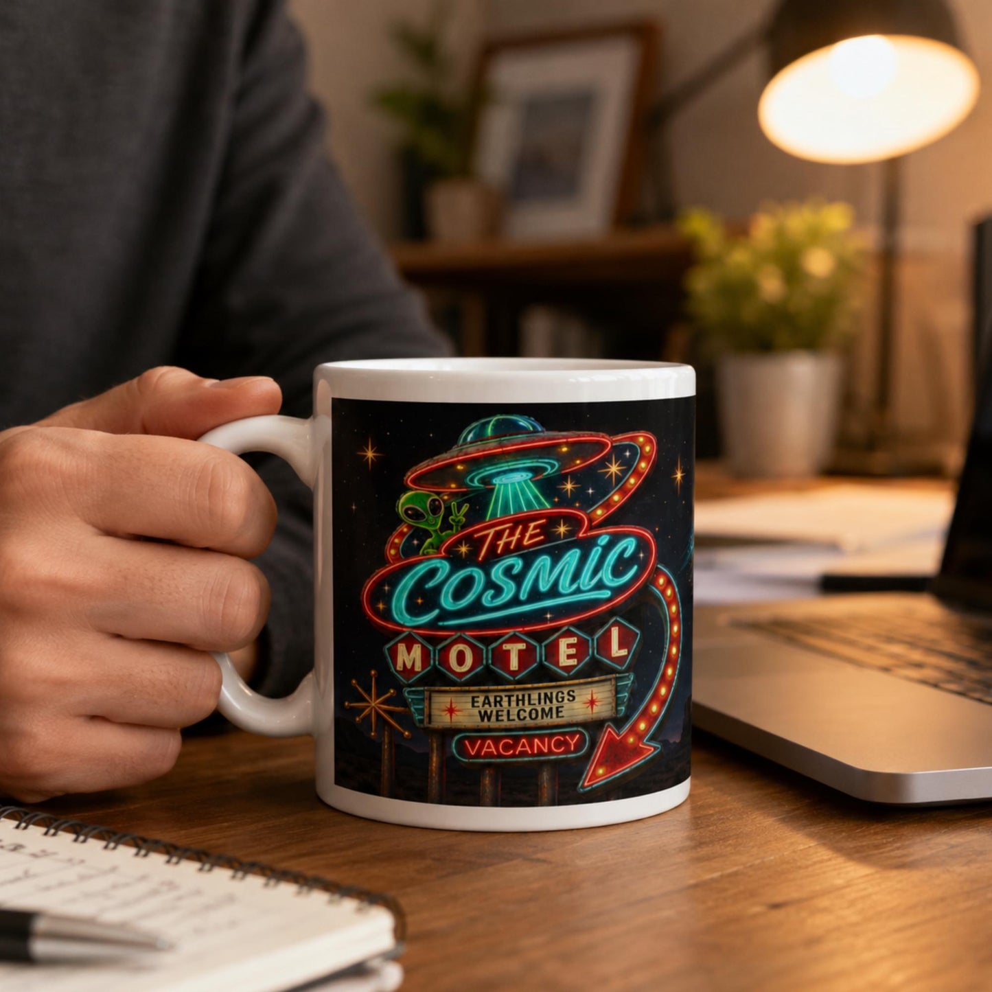 Cosmic Motel UFO Mug, Alien Room 51 Gift, Retro Sci Fi Coffee Mug - Wyrd Dezigns