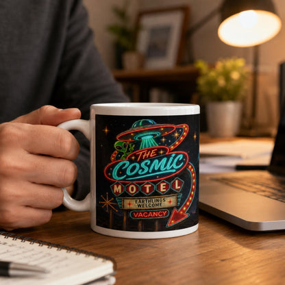 Cosmic Motel UFO Mug, Alien Room 51 Gift, Retro Sci Fi Coffee Mug - Wyrd Dezigns