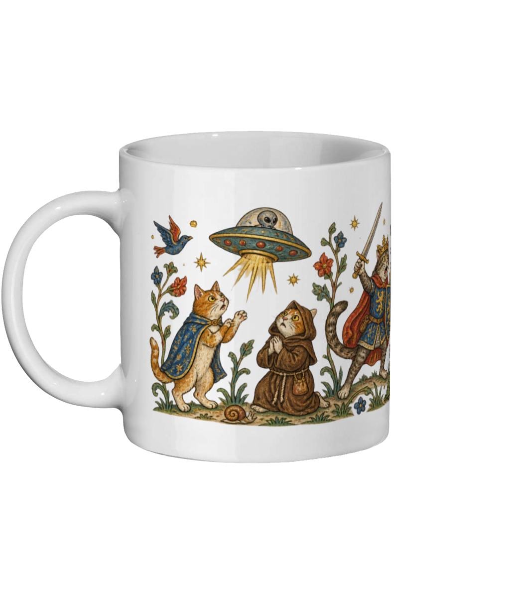 Medieval Cats vs Aliens Mug, Funny UFO Cat Gift, UFO Fan Mug - Wyrd Dezigns