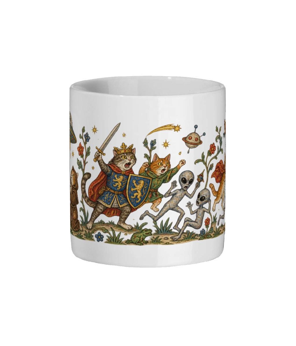 Medieval Cats vs Aliens Mug, Funny UFO Cat Gift, UFO Fan Mug - Wyrd Dezigns