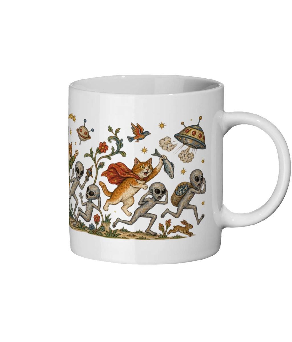 Medieval Cats vs Aliens Mug, Funny UFO Cat Gift, UFO Fan Mug - Wyrd Dezigns