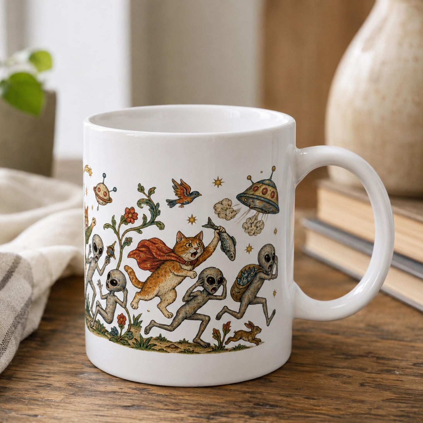 Medieval Cats vs Aliens Mug, Funny UFO Cat Gift, UFO Fan Mug - Wyrd Dezigns