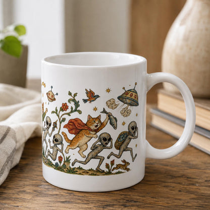 Medieval Cats vs Aliens Mug, Funny UFO Cat Gift, UFO Fan Mug - Wyrd Dezigns