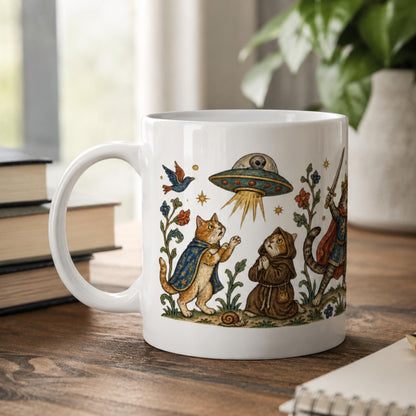 Medieval Cats vs Aliens Mug, Funny UFO Cat Gift, UFO Fan Mug - Wyrd Dezigns