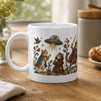 Medieval Cats vs Aliens Mug, Funny UFO Cat Gift, UFO Fan Mug - Wyrd Dezigns