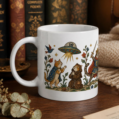 Medieval Cats vs Aliens Mug, Funny UFO Cat Gift, UFO Fan Mug - Wyrd Dezigns