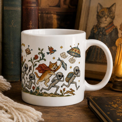 Medieval Cats vs Aliens Mug, Funny UFO Cat Gift, UFO Fan Mug - Wyrd Dezigns