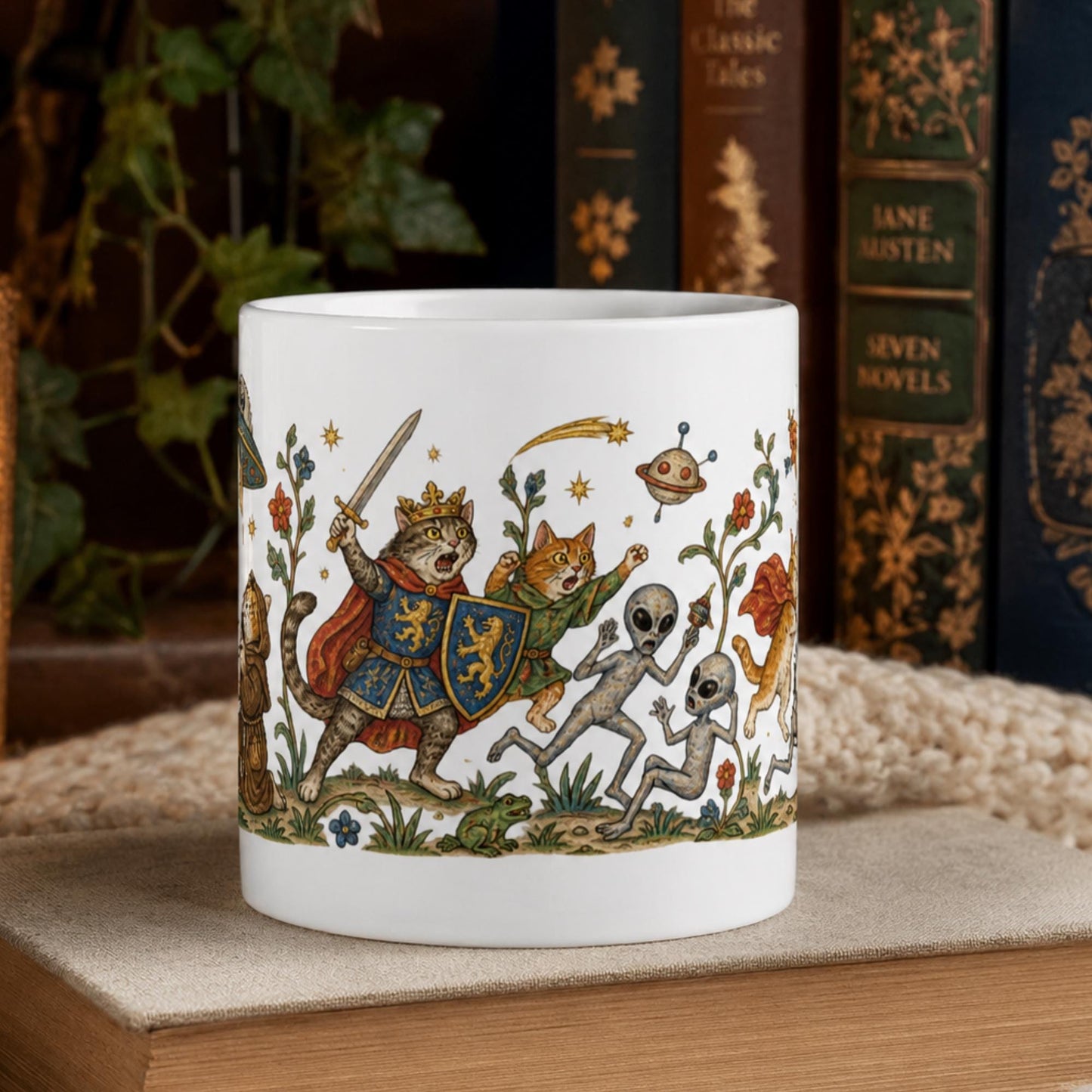 Medieval Cats vs Aliens Mug, Funny UFO Cat Gift, UFO Fan Mug - Wyrd Dezigns