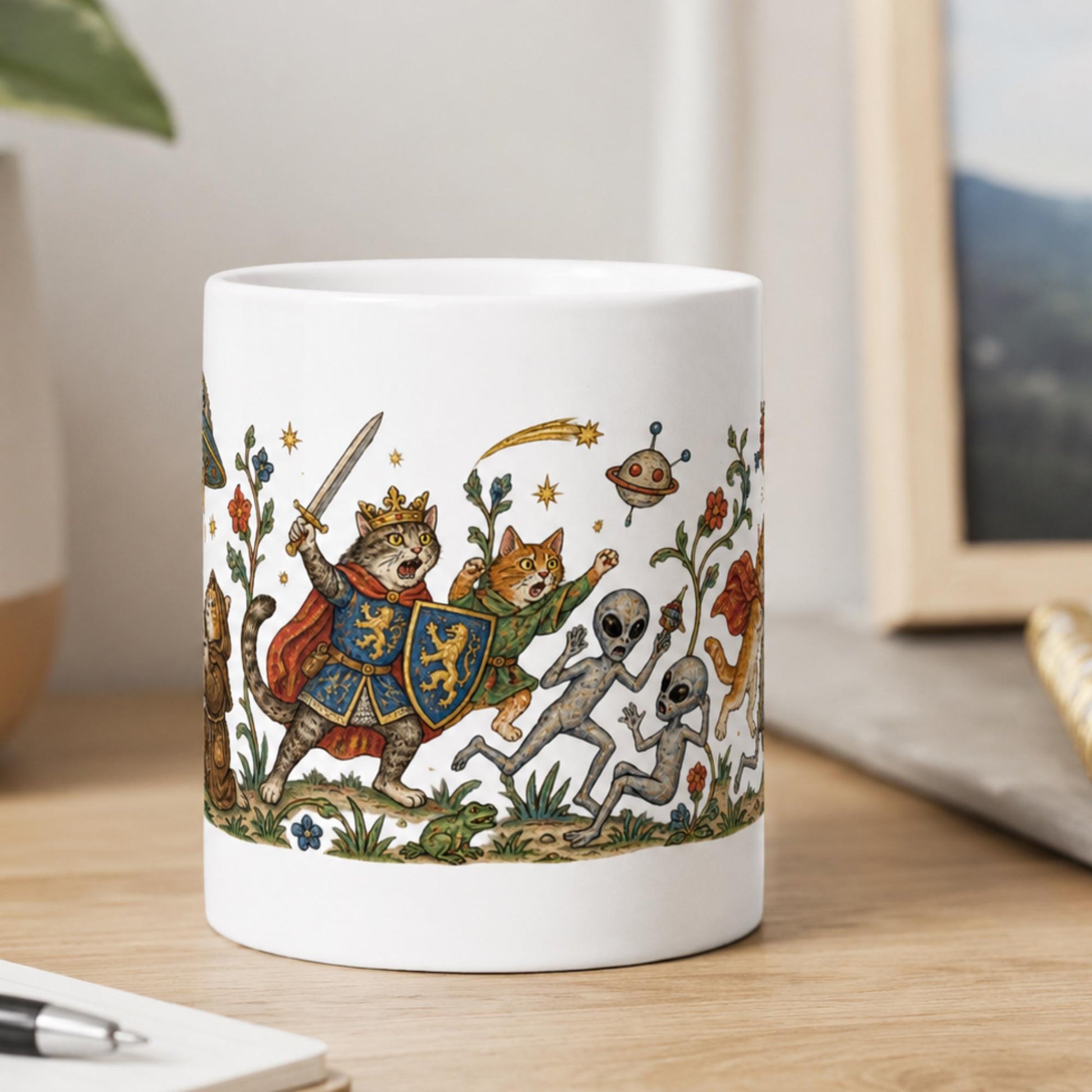 Medieval Cats vs Aliens Mug, Funny UFO Cat Gift, UFO Fan Mug - Wyrd Dezigns