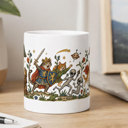 Medieval Cats vs Aliens Mug, Funny UFO Cat Gift, UFO Fan Mug - Wyrd Dezigns