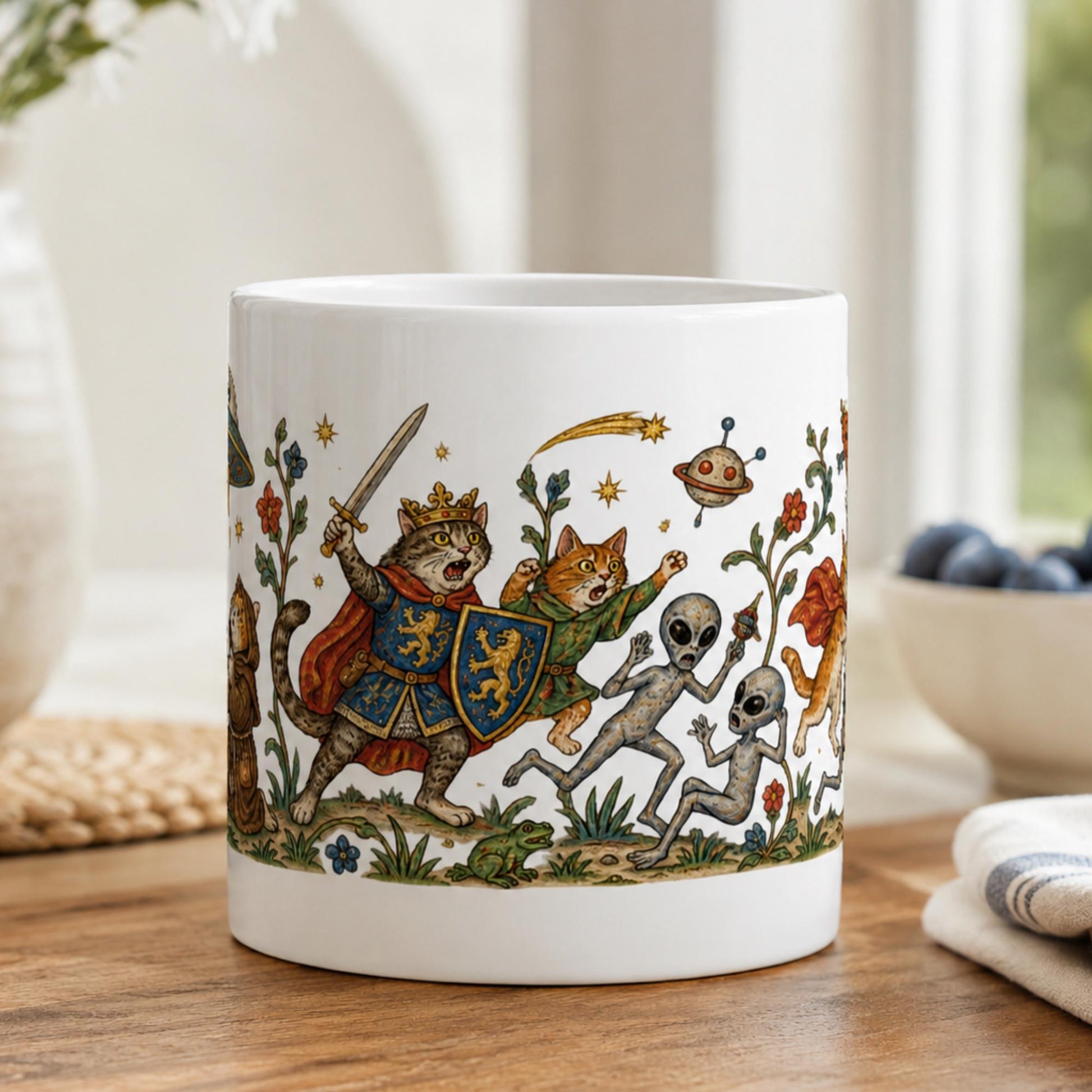 Medieval Cats vs Aliens Mug, Funny UFO Cat Gift, UFO Fan Mug - Wyrd Dezigns