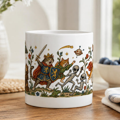 Medieval Cats vs Aliens Mug, Funny UFO Cat Gift, UFO Fan Mug - Wyrd Dezigns