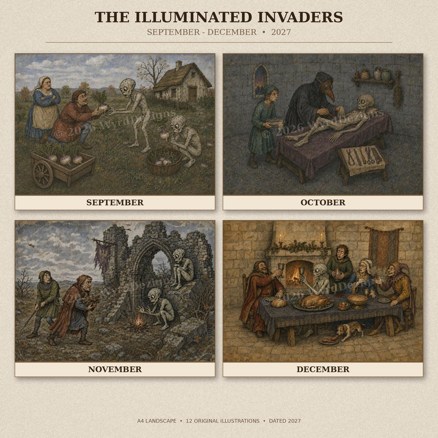 A4 Medieval Alien 2027 Wall Calendar, Fun, Quirky Art - Wyrd Dezigns
