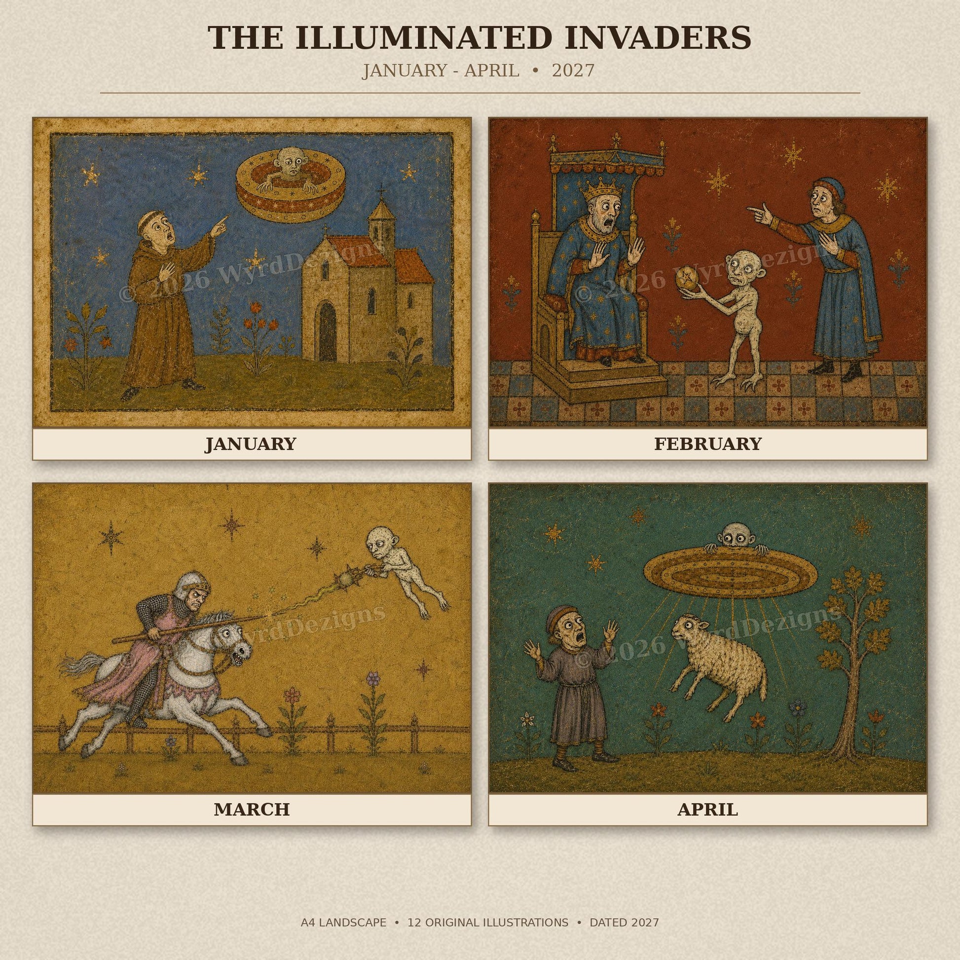 A4 Medieval Alien 2027 Wall Calendar, Fun, Quirky Art - Wyrd Dezigns