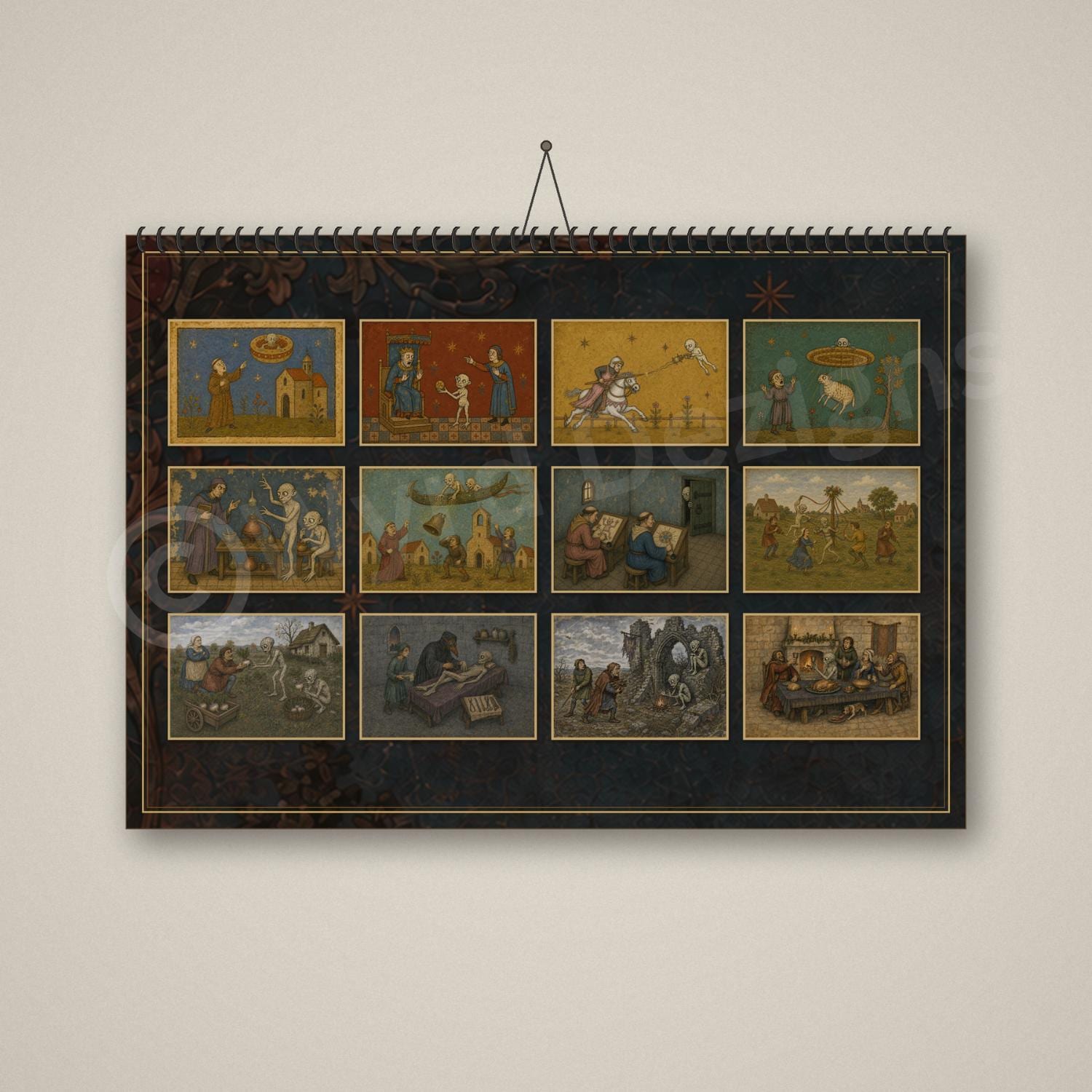 A4 Medieval Alien 2027 Wall Calendar, Fun, Quirky Art - Wyrd Dezigns