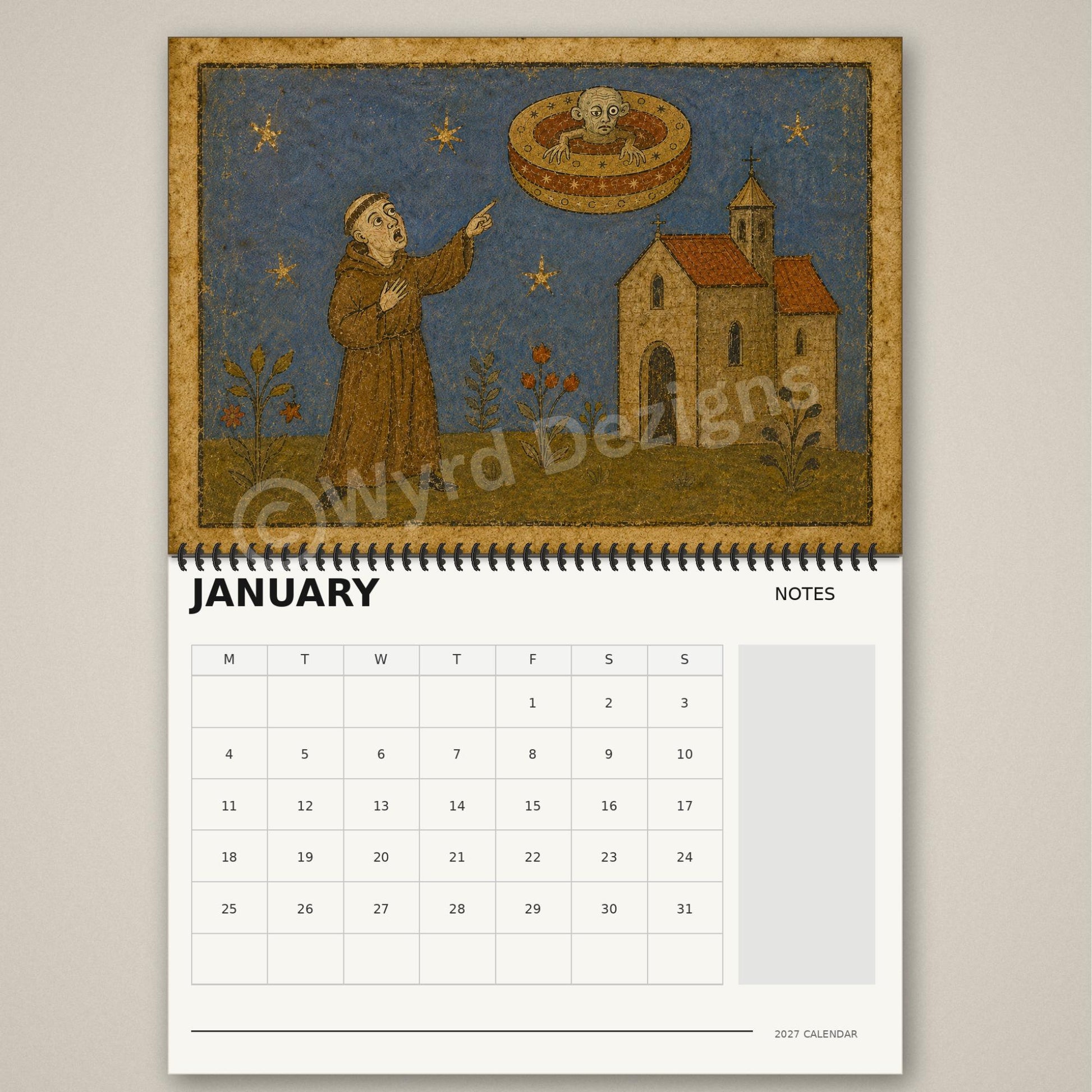 A4 Medieval Alien 2027 Wall Calendar, Fun, Quirky Art - Wyrd Dezigns