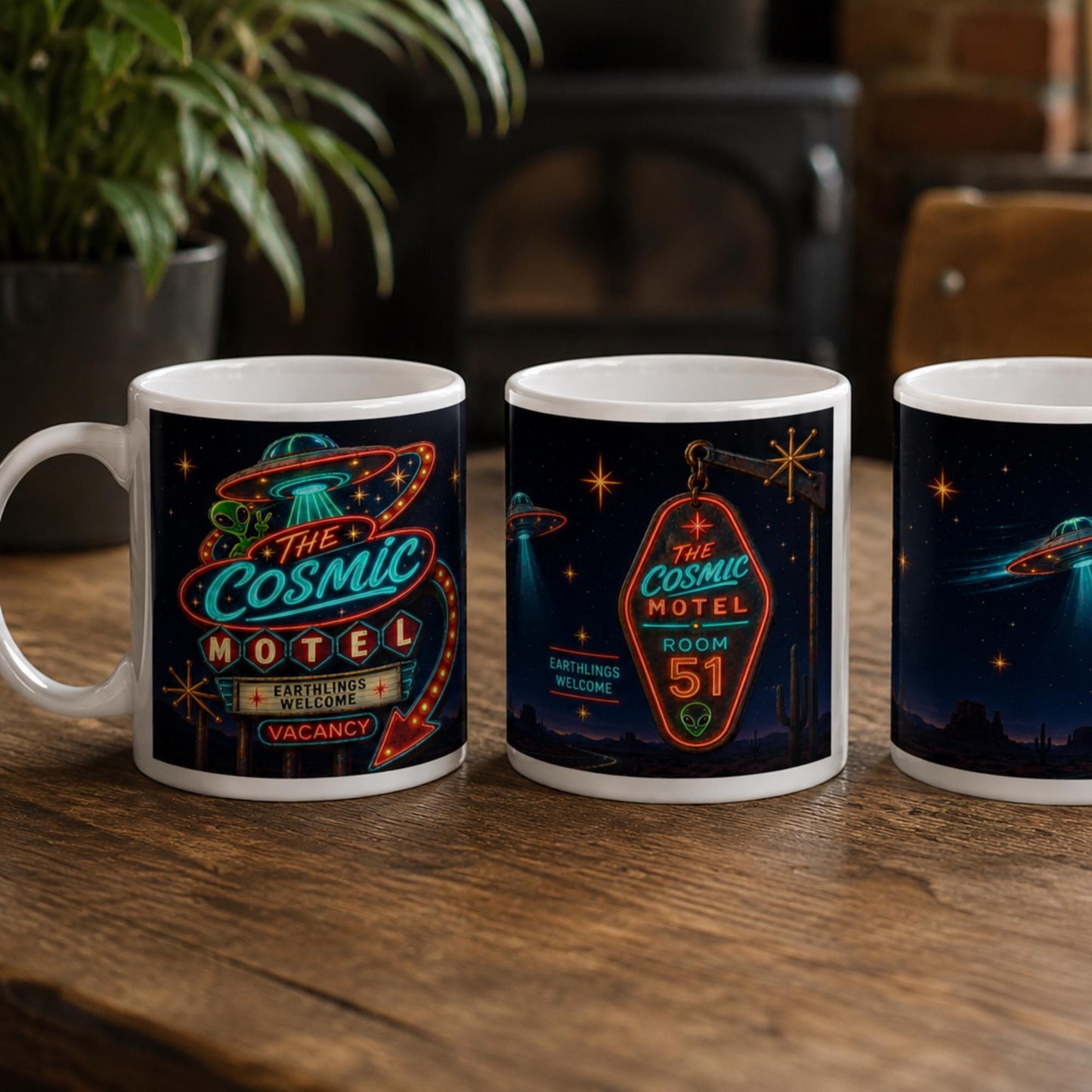 Cosmic Motel UFO Mug, Alien Room 51 Gift, Retro Sci Fi Coffee Mug - Wyrd Dezigns